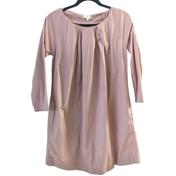 Kin Youth Girls Size 12 Pleat Shift Dress Mauve Pink Long Sleeve Organic Cotton